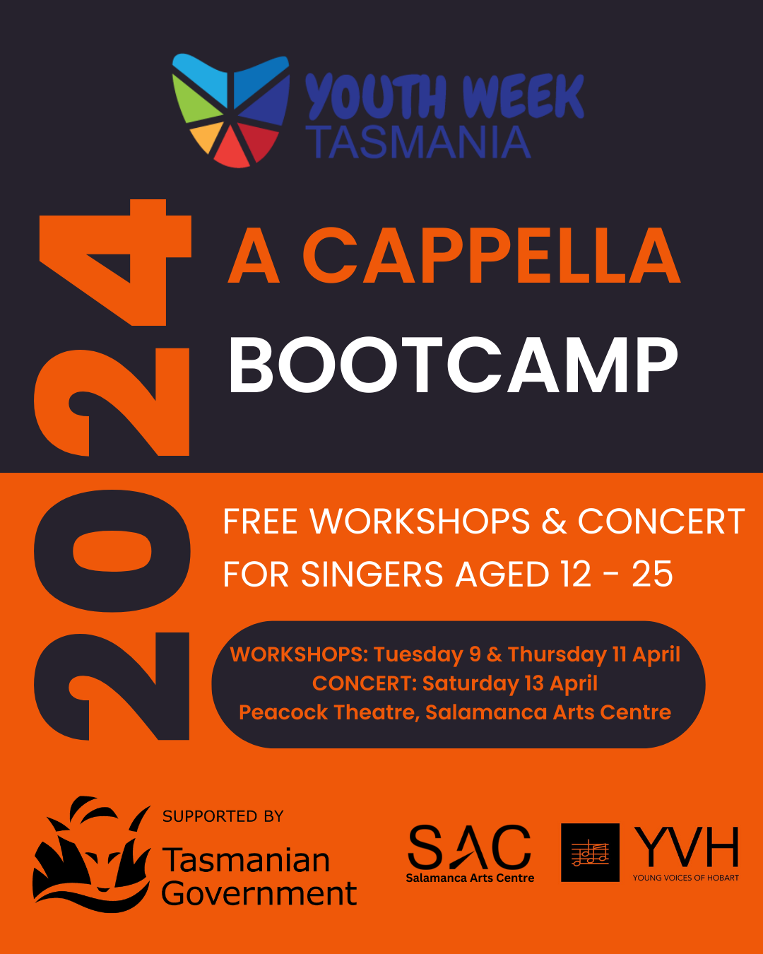A poster promoting Young Voices of Hobart's A Cappella Bootcamp for Youth Week Tasmania 2024